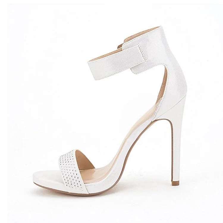 White Rhinestone Ankle Strap Sandals Open Toe Stiletto Heel Shoes Vdcoo