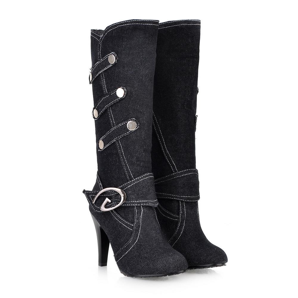 VCSHOES Buttons Decorate Cowboy Style Round Toe High Heels Knee-length Boots
