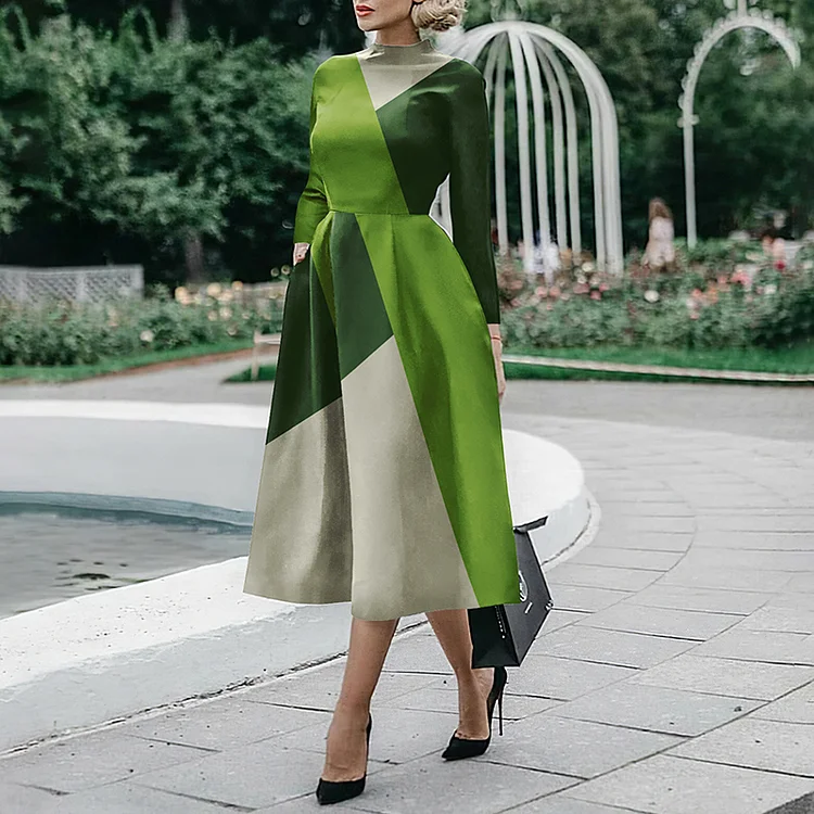 Vefave Colorblock Printed Long Sleeve Midi Dress