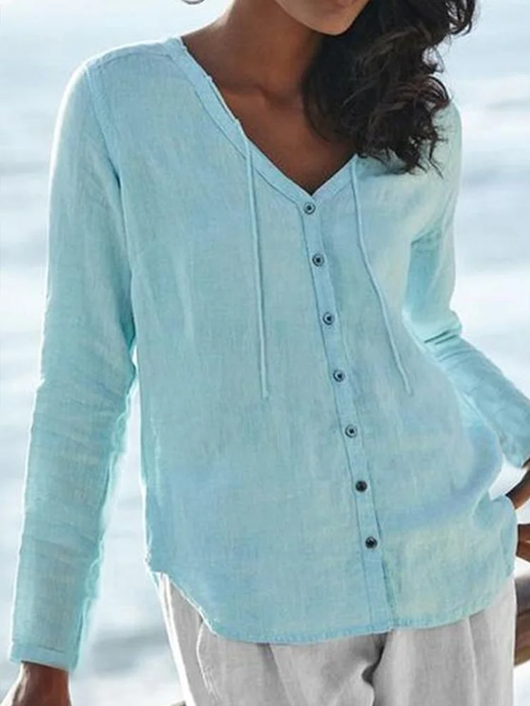 Casual V-neck cotton and linen button shirt