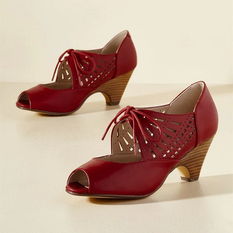 Burgundy Heels Lace up Peep Toe Laser Cut Cone Heel Vintage Shoes |FSJ Shoes