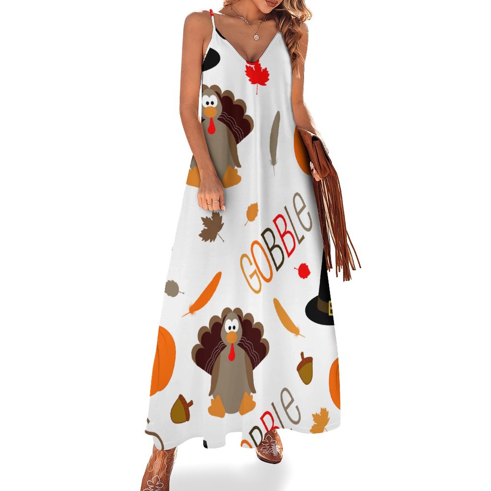 Thanksgiving Gobble Women's Casual Strappy V Neck Sleeveless Flowy Loose  Long Maxi Beach Dress Sundress