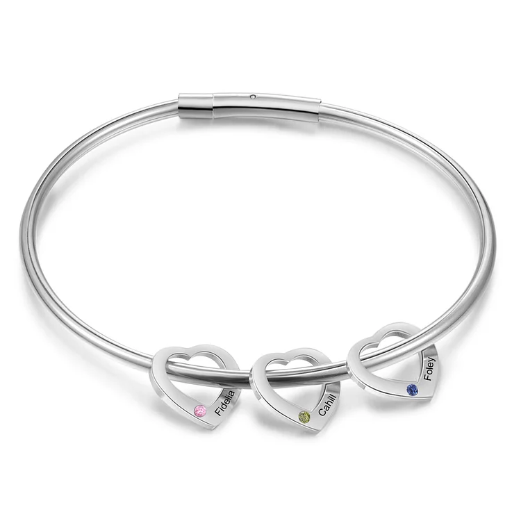 Personalized Heart Charm Bangle Bracelet with 3 Birthstones Engraved Names