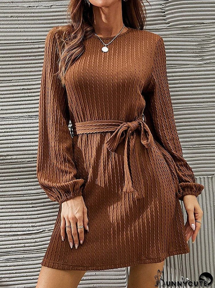 Long Sleeves Loose Hollow Solid Color Tied Waist Round-Neck Mini Dresses