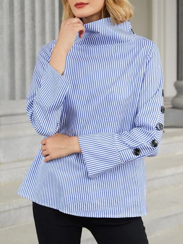 Asymmetric Contrast Color Long Sleeves Roomy High-Neck Blouses