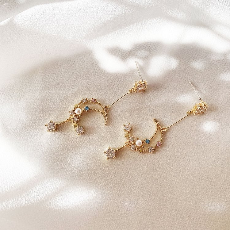 925 Silver Antique Microset Zircon Moon Fringe Earrings
