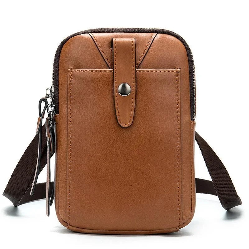 Men's Leather Belt Bag Retro Double Zipper Phone Bag
