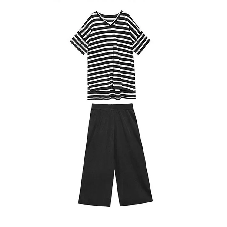 Simple Loose V-neck Striped Short Front Long Back Top & Wide Leg Pants Knitted Two Pieces Set      