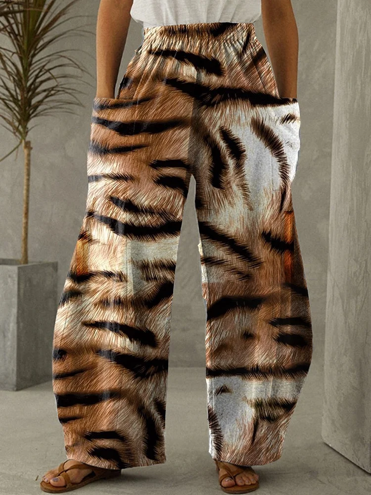 Women's Tiger Art Elastic Waist Wide Leg Pants Trousers Casual Pants socialshop