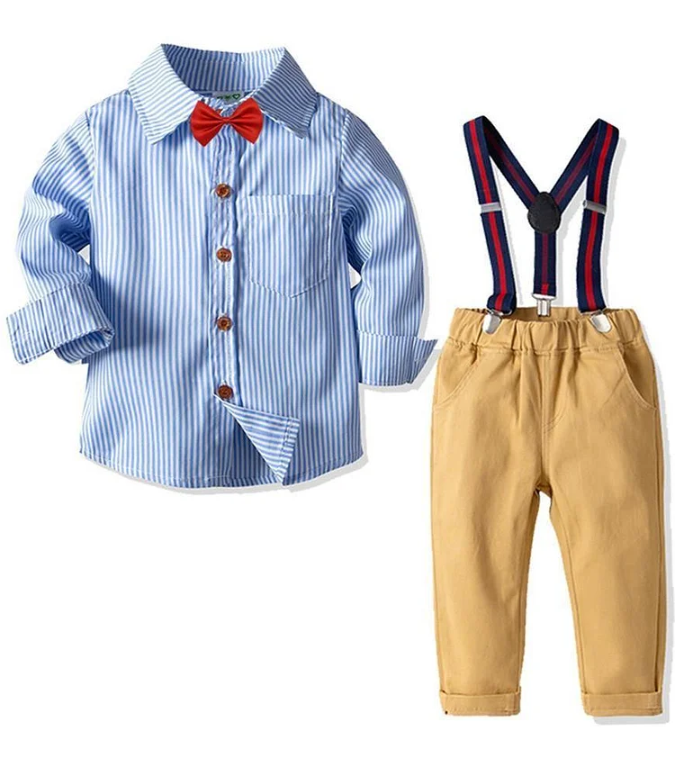 Blue Stripe Cotton Shirt With Red Bow Tie Suspender Pants Boys Outfit-Mayoulove