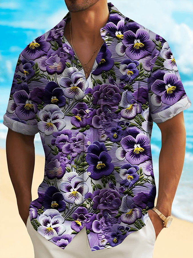 Men's Pansy Floral Print Resort Casual Shirt (Includes Pockets)