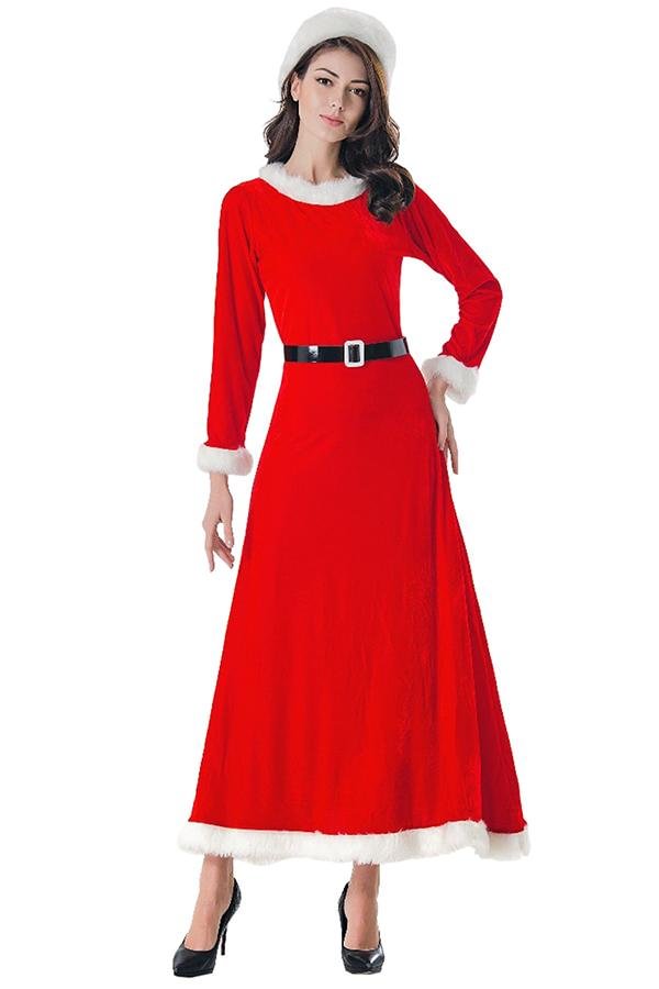 Cute Fur Trim Belted Maxi Santa Dress Christmas Costume Red - Shop Trendy Women's Clothing | LoverChic