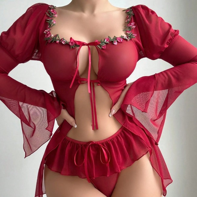 Lovingerie - Sexy See-Through Floral Mesh Nightdress Set