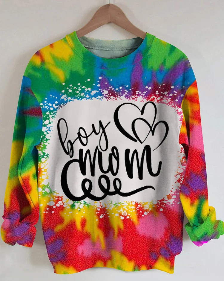 Boy Mom Hippe Print Round Neck Long Sleeve Sweatshirt