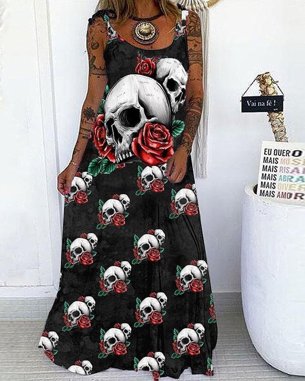 Skull&Rose Print Lace up Spaghetti-Strap Maxi Dress - Chicaggo
