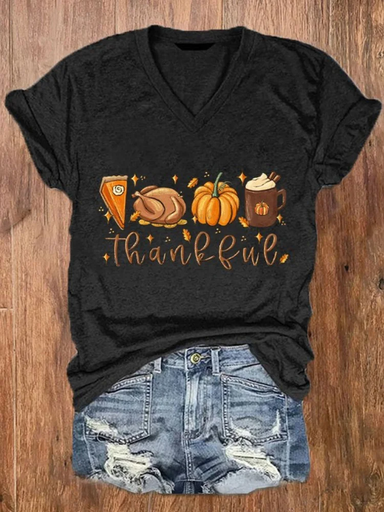 Vefave Autumn Thankful Pumpkin Print V Neck T Shirt