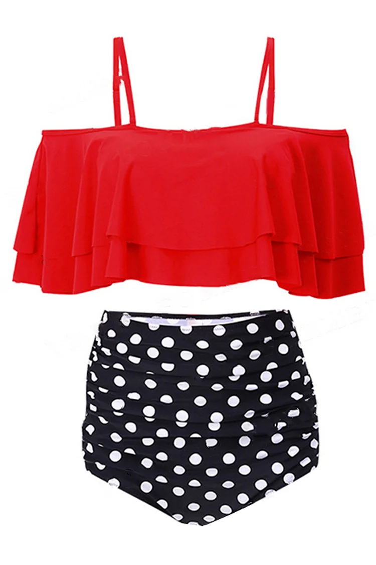 1950s Red Vacation Polka Dot Ruffle High Waist Two Pieces Swimsuit Set