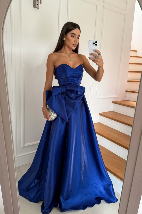 Drebella ZT0763 Royal Blue Satin Sweetheart Strapless Split Long A-Line Prom Dress With Bow Drebella ZT0763 Royal Blue Satin Sweetheart Strapless Split Long A-Line Prom Dress With Bow