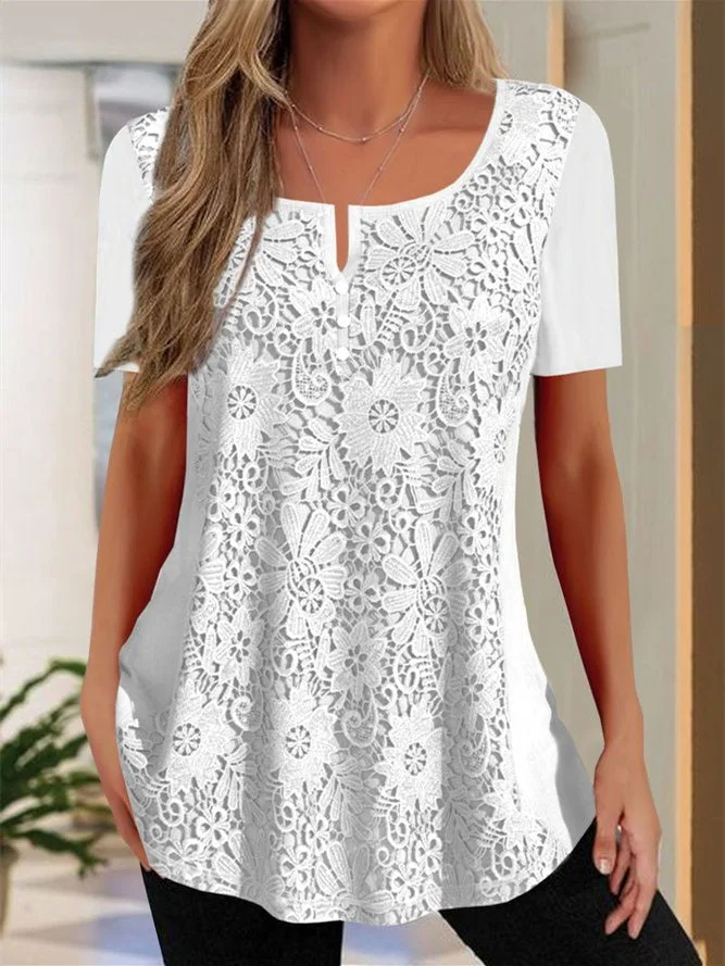 Women Short Sleeve U-neck Lace Floral Printed Tops