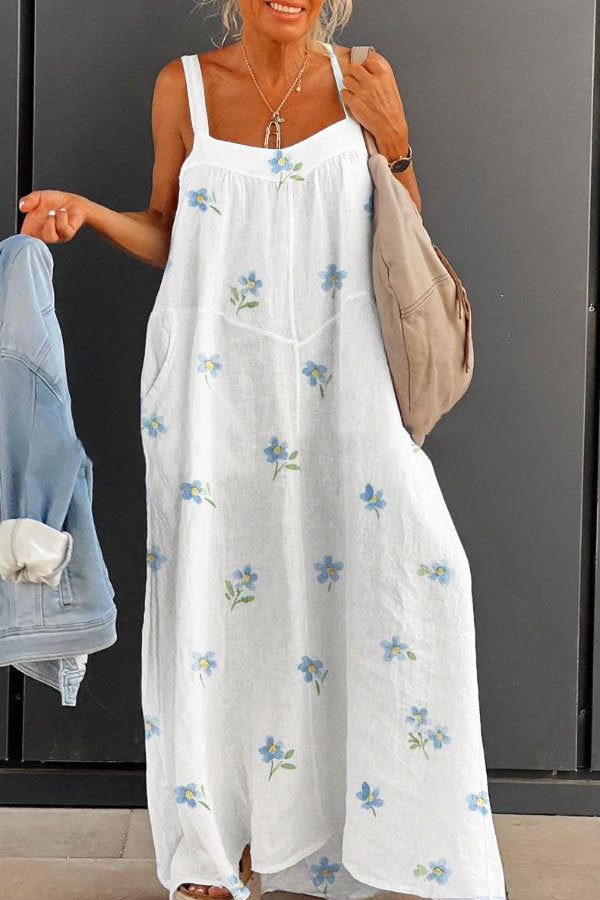 Women's white pastoral flower large size loose suspender printed dress long skirt