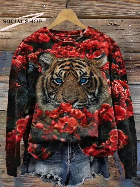 Floral Tiger Animal Print Round Neck Long Sleeve Sweatshirt socialshop