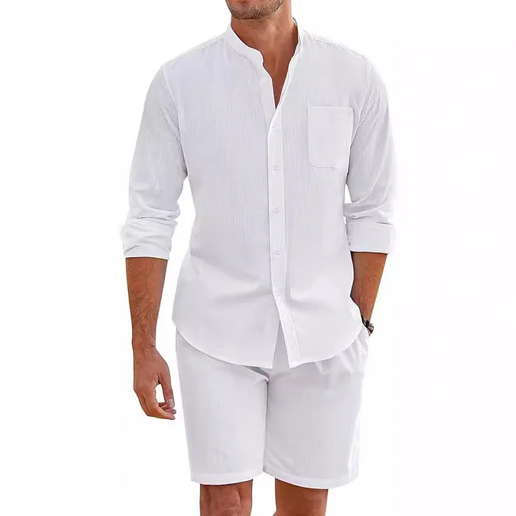 Men's summer two-piece cotton and linen comfortable button-down shirt long-sleeved shorts cardigan simple casual beach suit socialshop
