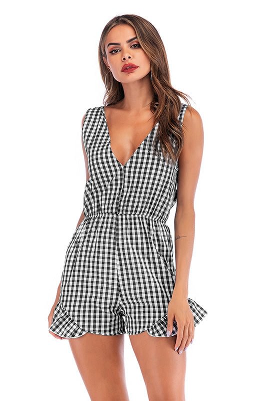 V Neck Bowknot Grid Ruffled Hem Romper - Shop Trendy Women's Clothing | LoverChic