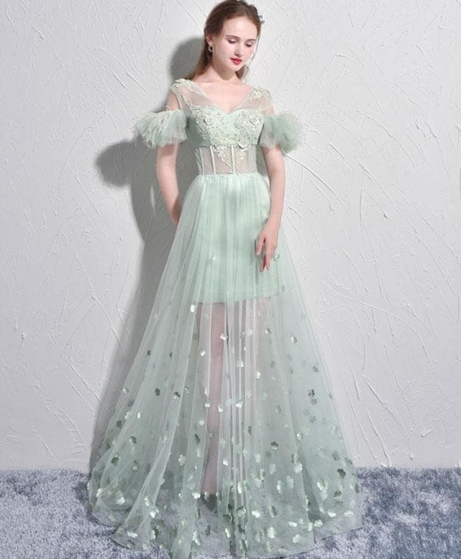 Unique Green Tulle V Neck Long Prom Dress, Green Evening Dress