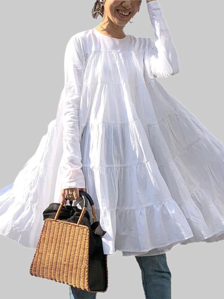 Casual Solid Color O-Neck Loose Ruffle Swing Mini Shirt Dress