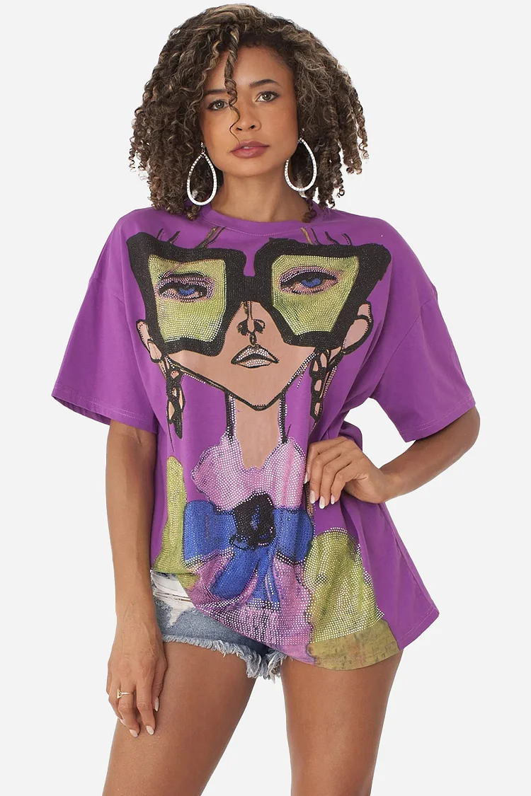 Rhinestone Face Print Round Neck Half Sleeve Casual White T-shirt