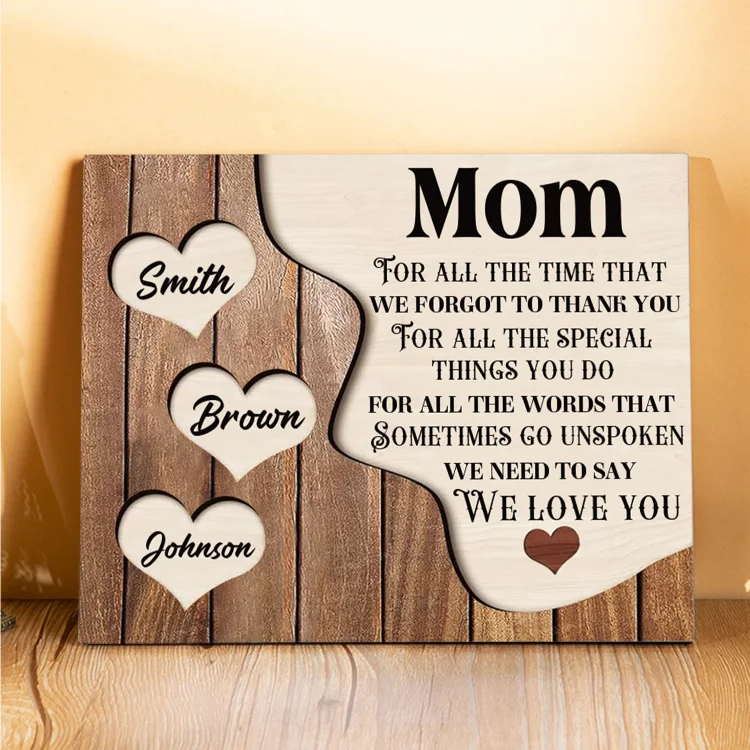 3 Names - Personalized Mom Wooden Plaque Custom Names Home Decoration Hearts Gift for Mother
