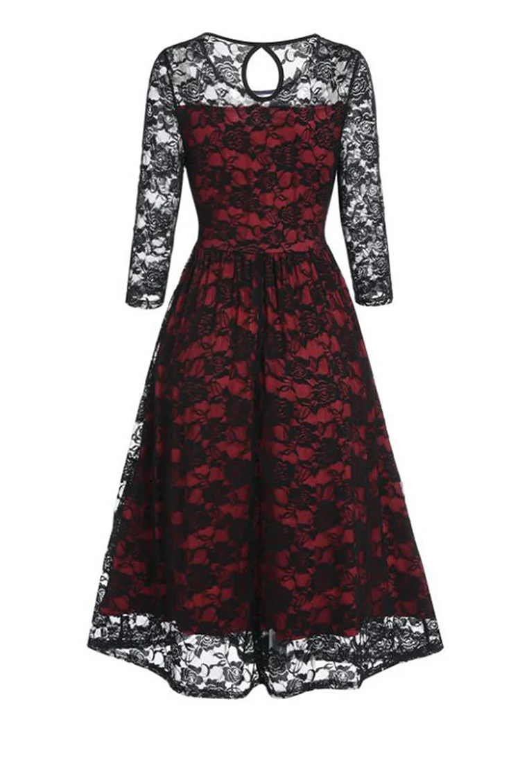 Gothic Red Party Rose Lace Patchwork A-line Maxi Dress