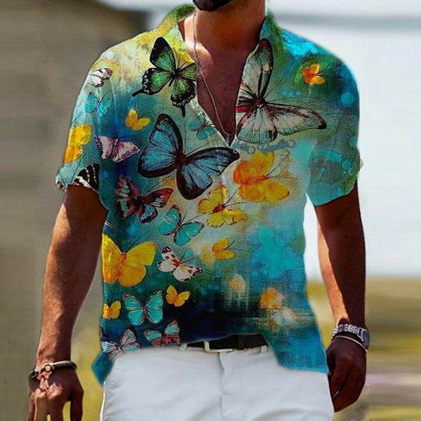 Men's Cotton Linen Print Short Sleeve Shirt
