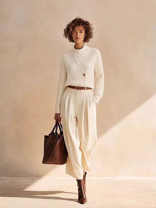Women's Elegant Ribbed-Knit Mock-Neck Button-Detail Long-Sleeve Sweater & High-Waisted Pleated Wide-Leg Trouser Set MD