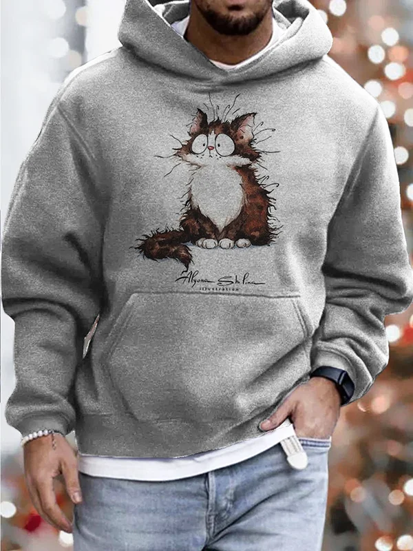 Men's Silly Cat Big Pocket Graphic Print Hooded Sweatshirt