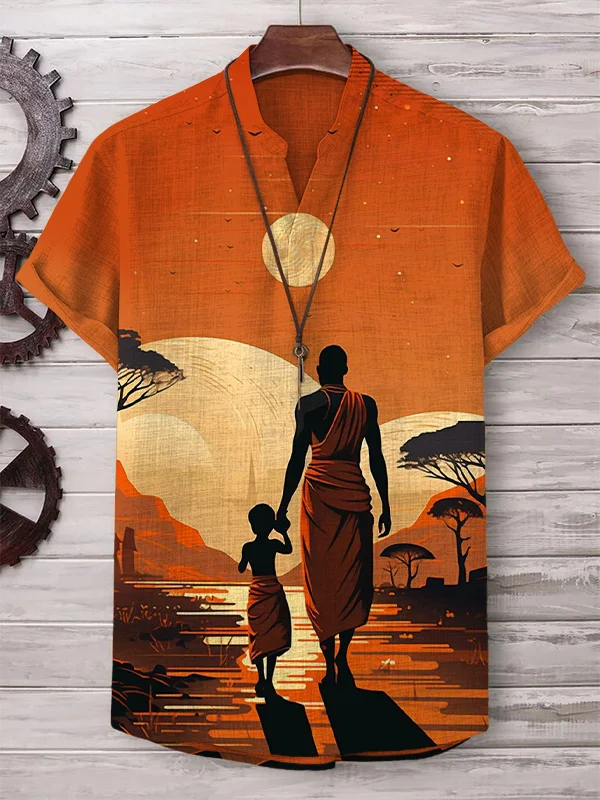 Men's Father Won't Give Up African Sunset Print Linen Blend V Neck T-Shirt