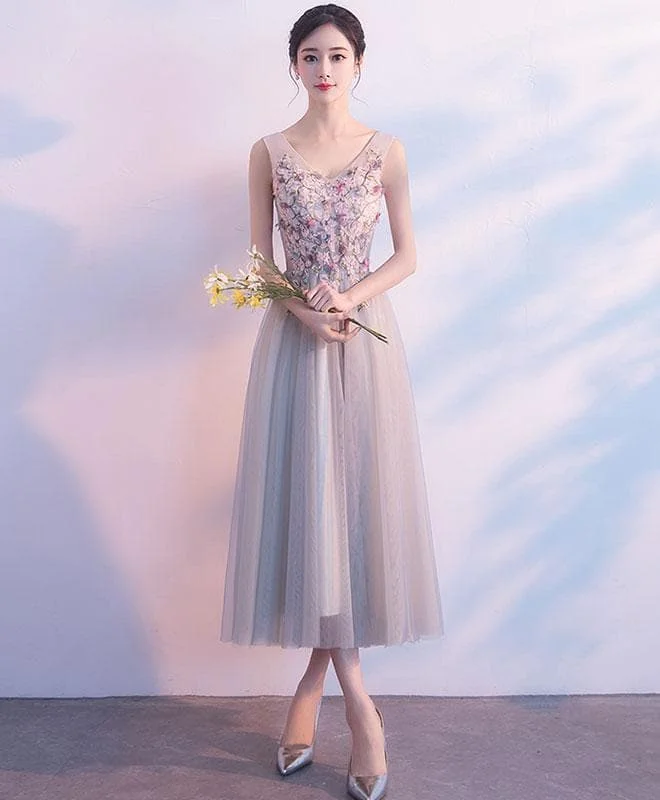 Gray V Neck Tulle Lace Prom Dress, Lace Tulle Evening Dress