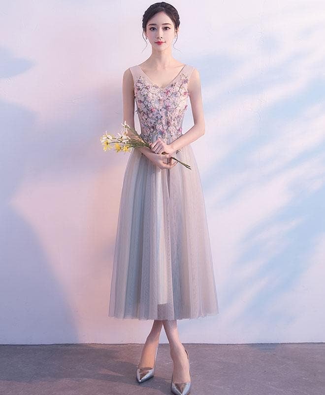Gray V Neck Tulle Lace Prom Dress, Lace Tulle Evening Dress