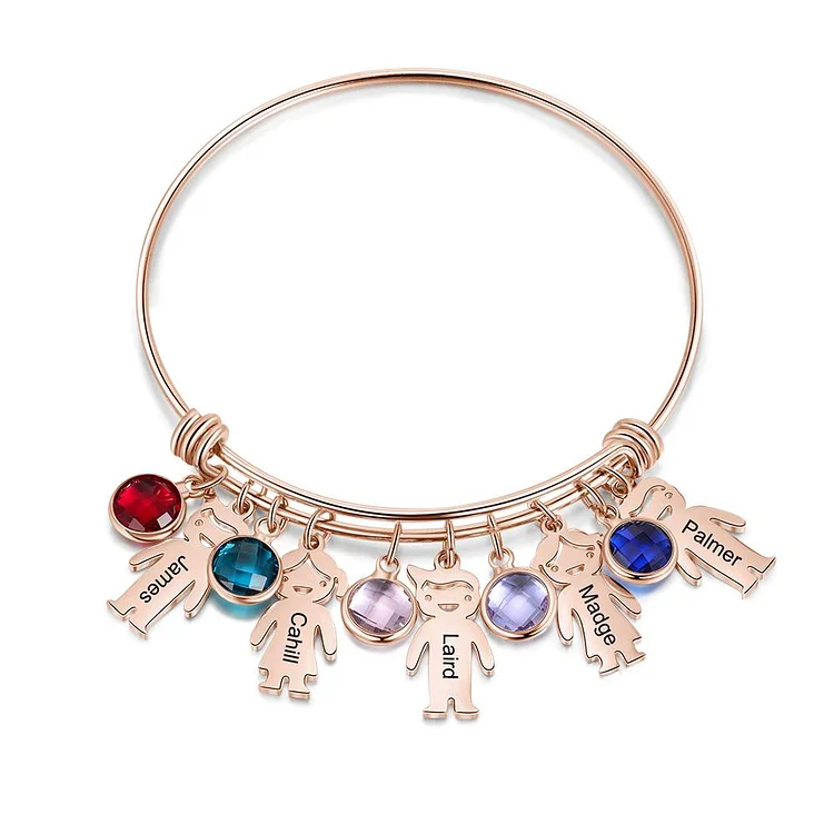 Women Bangle Bracelet with Kids Charms 5 Birthstones Engraved 5 Names