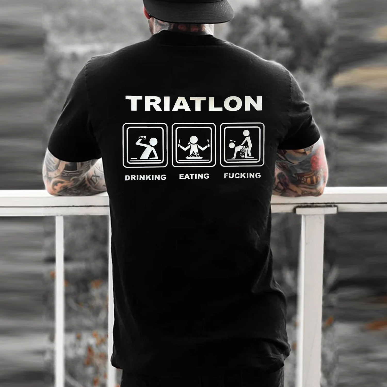 MOTOSUNNY TRIATHLON DRINKING FUCKING Graphic Black Print T-shirt