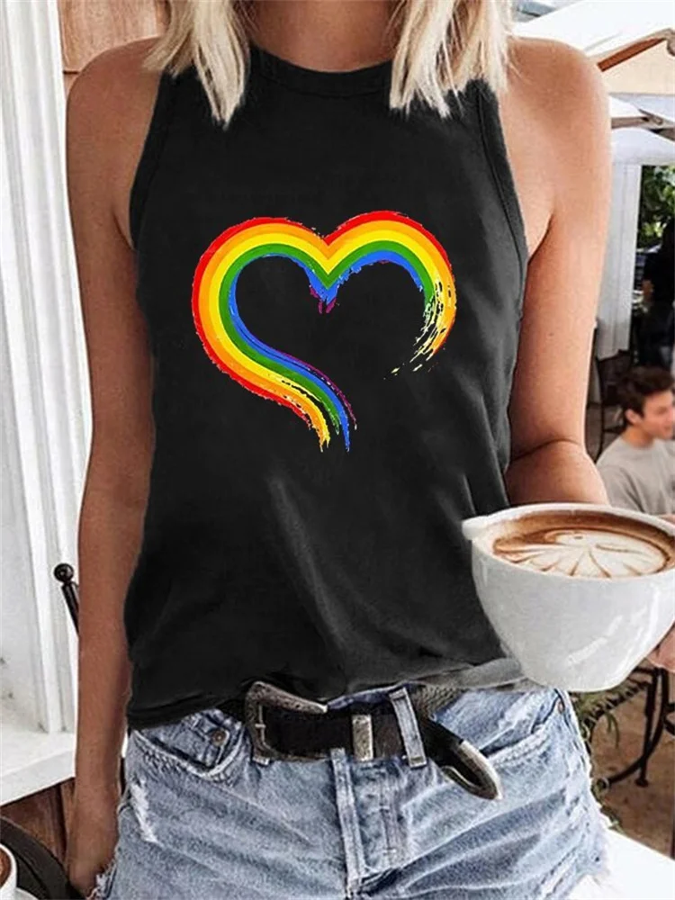 Rainbow Heart Print Casual Tank Top