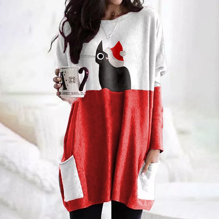 Vefave Crew Neck Colorblock Cat Print Tunic