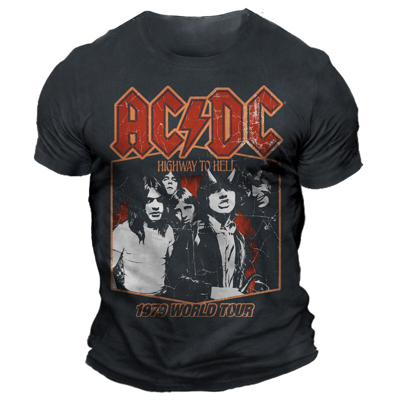 Men's Vintage ACDC Highway To Hell 1979 World Tour Rock Band Print Daily Short Sleeve Crew Neck T-Shirt / TECHWEAR CLUB / Techwear