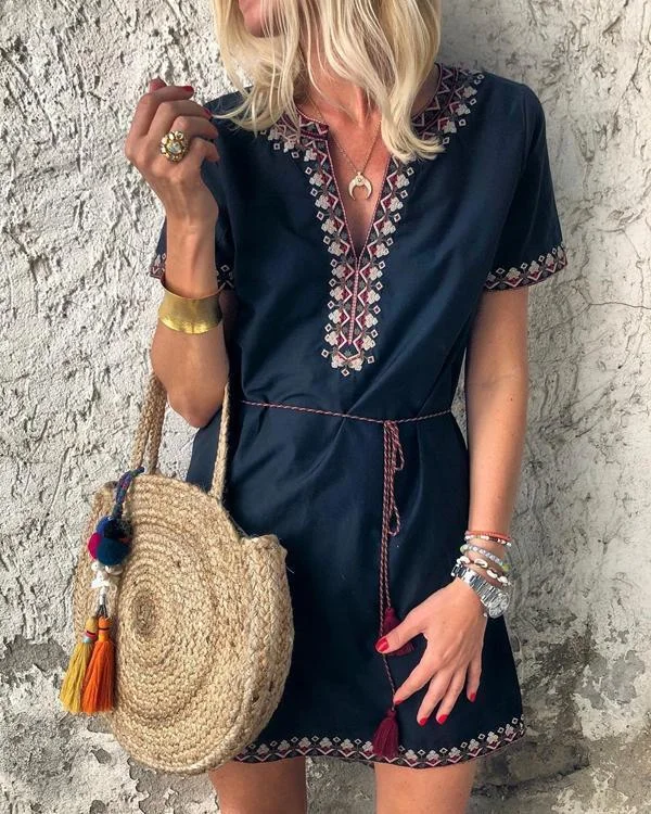 fashion v collar printed short sleeves mini dress p121019