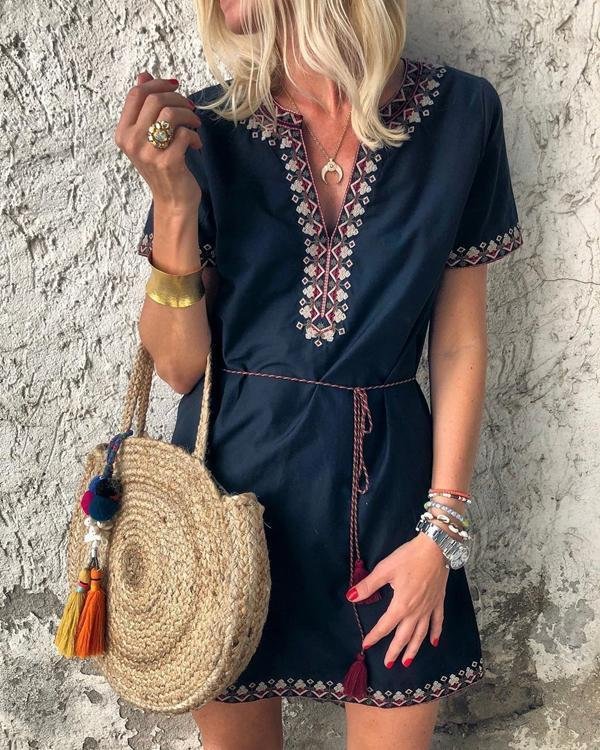 fashion v collar printed short sleeves mini dress p121019