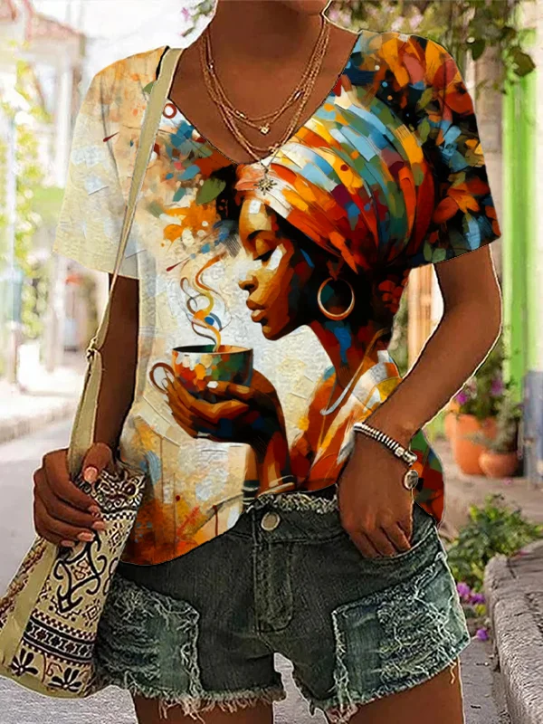 Women's Black Woman Relaxing Coffee Time Art Print V Neck T-Shirt