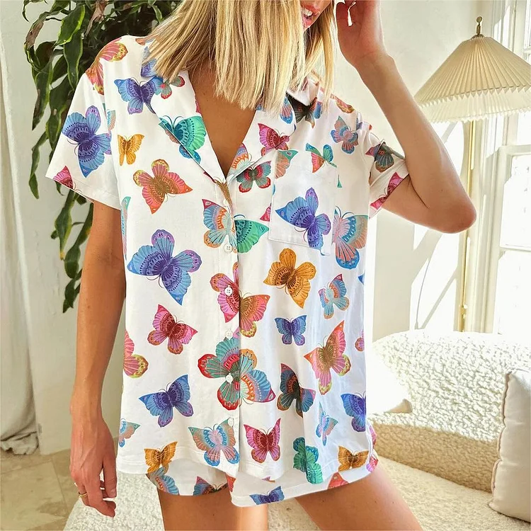 Butterfly Pattern Lapel Collar Short Sleeve Pajamas 2Pcs Set