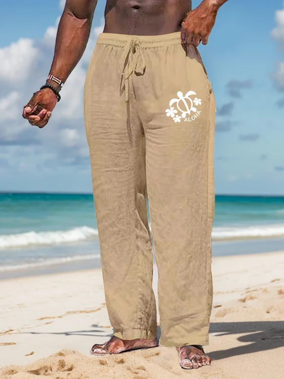 Suitmens Men's Turtle ALOHA Pattern Cotton And Linen Trousers