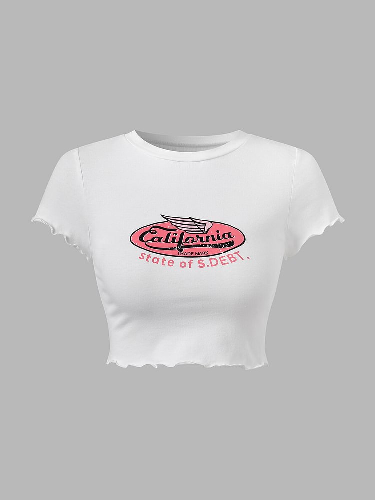 Letters Graphic Lettuce Trim Short Sleeve Crop Top