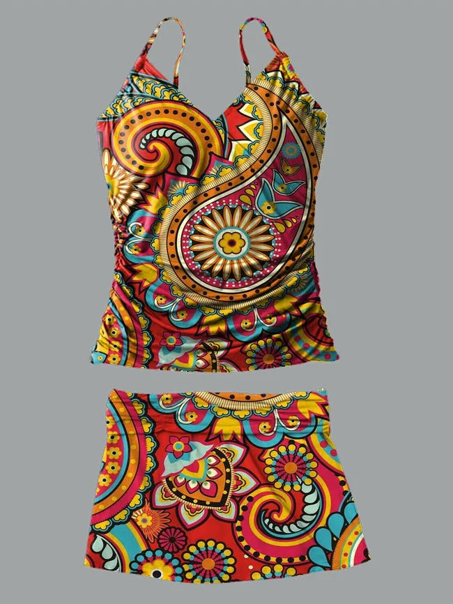 Women's V-neck Paisley Cashew Flower Printed Vest Pleated Vest Set Swimsuit